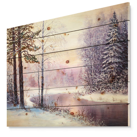 River in Winter Landscape - Landscapes Painting Print on Natural Pine Wood