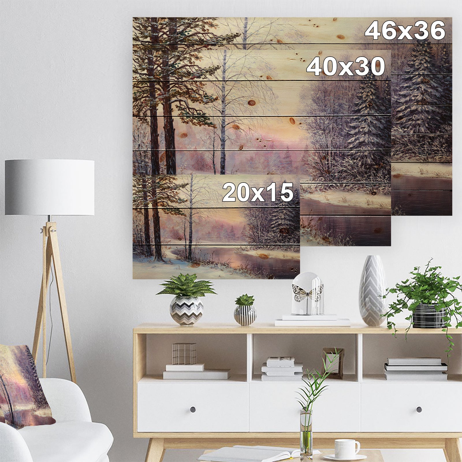 River in Winter Landscape - Landscapes Painting Print on Natural Pine Wood