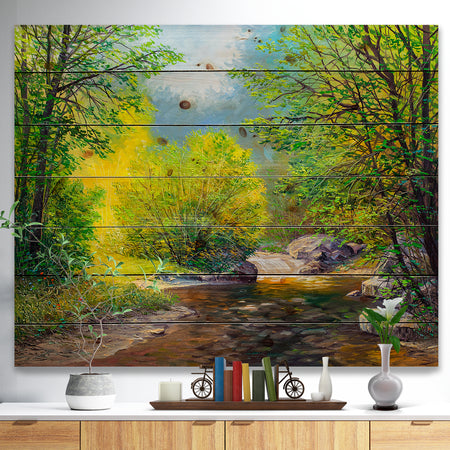 Summer Forest in Beautiful River - Landscapes Painting Print on Natural Pine Wood