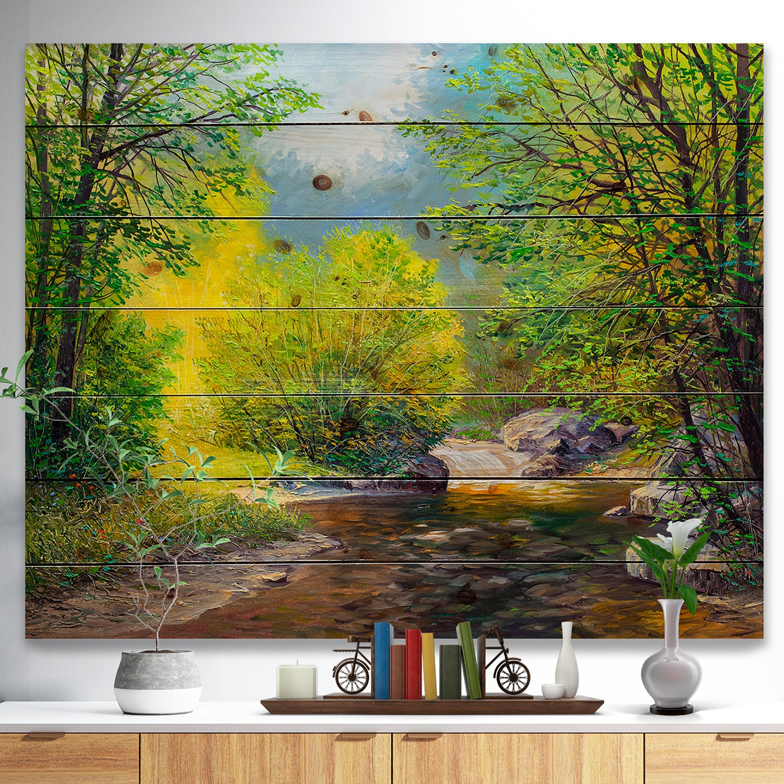 Summer Forest in Beautiful River - Landscapes Painting Print on Natural Pine Wood