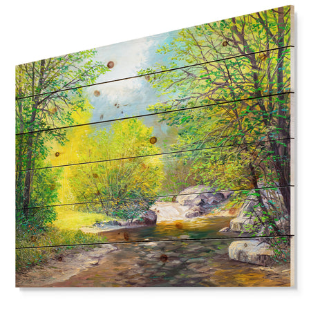 Summer Forest in Beautiful River - Landscapes Painting Print on Natural Pine Wood