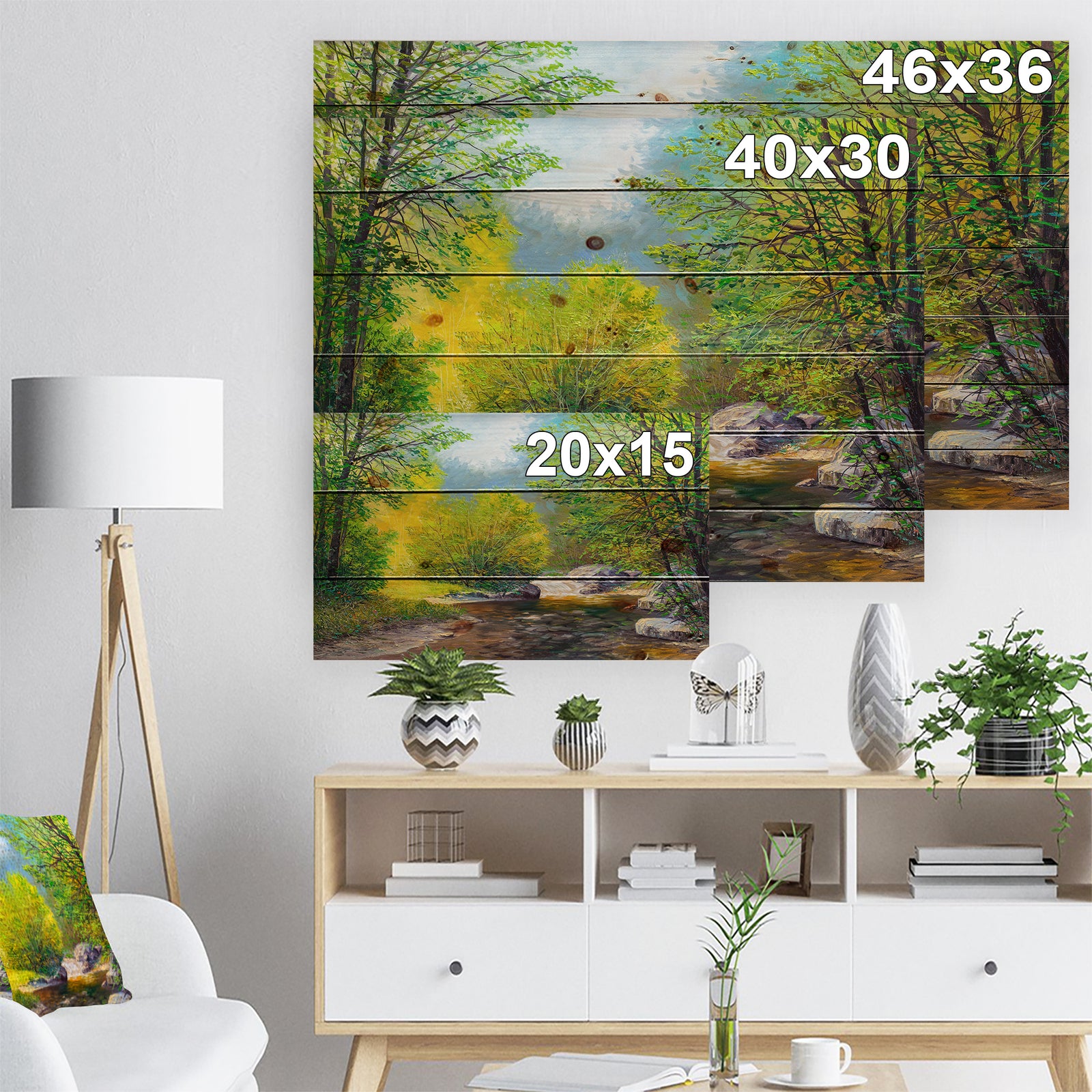 Summer Forest in Beautiful River - Landscapes Painting Print on Natural Pine Wood