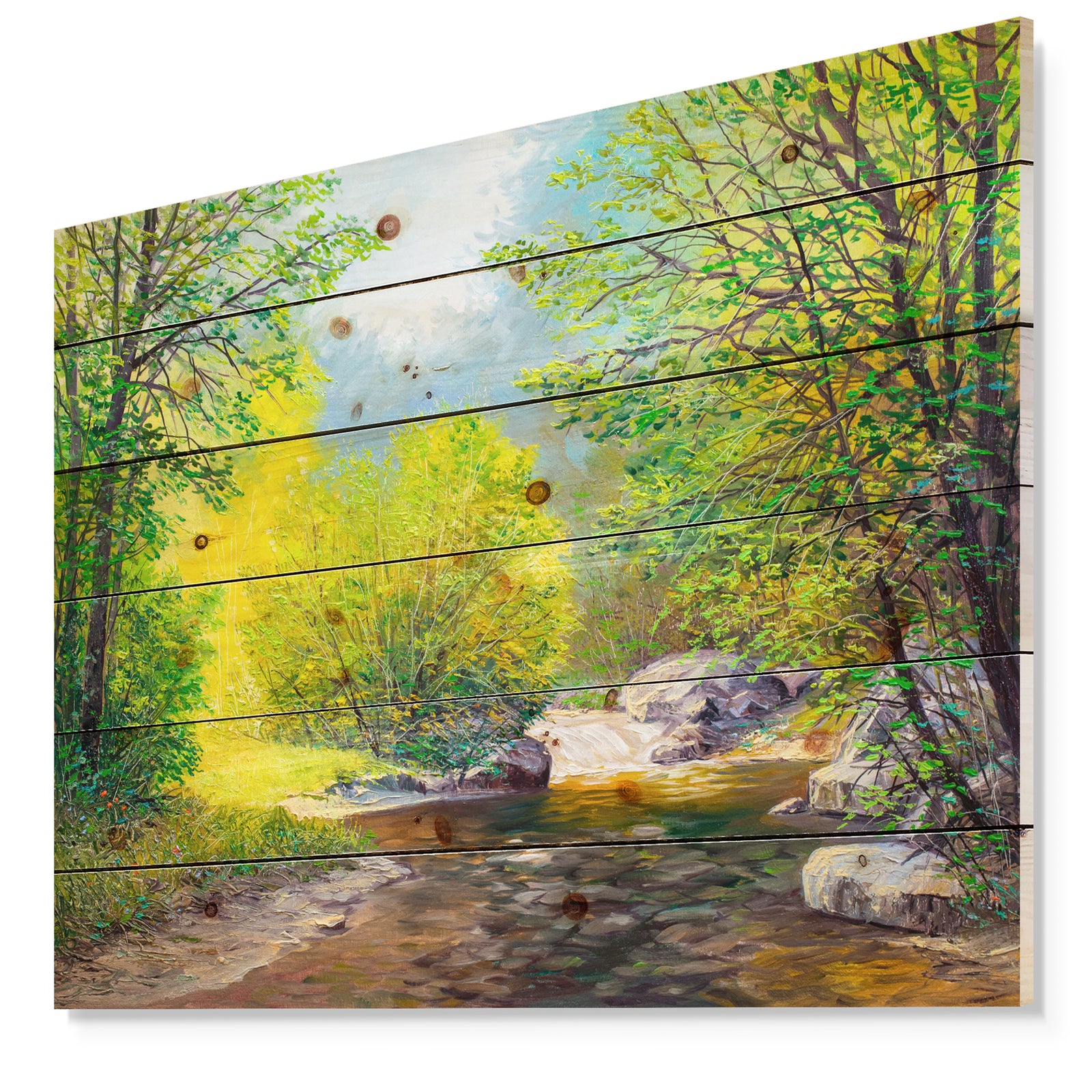 Summer Forest in Beautiful River - Landscapes Painting Print on Natural Pine Wood