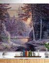 Winter Forest with the River in Frosty Day - Landscapes Painting Print on Natural Pine Wood