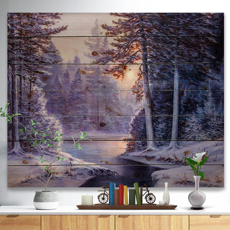 Winter Forest with the River in Frosty Day - Landscapes Painting Print on Natural Pine Wood
