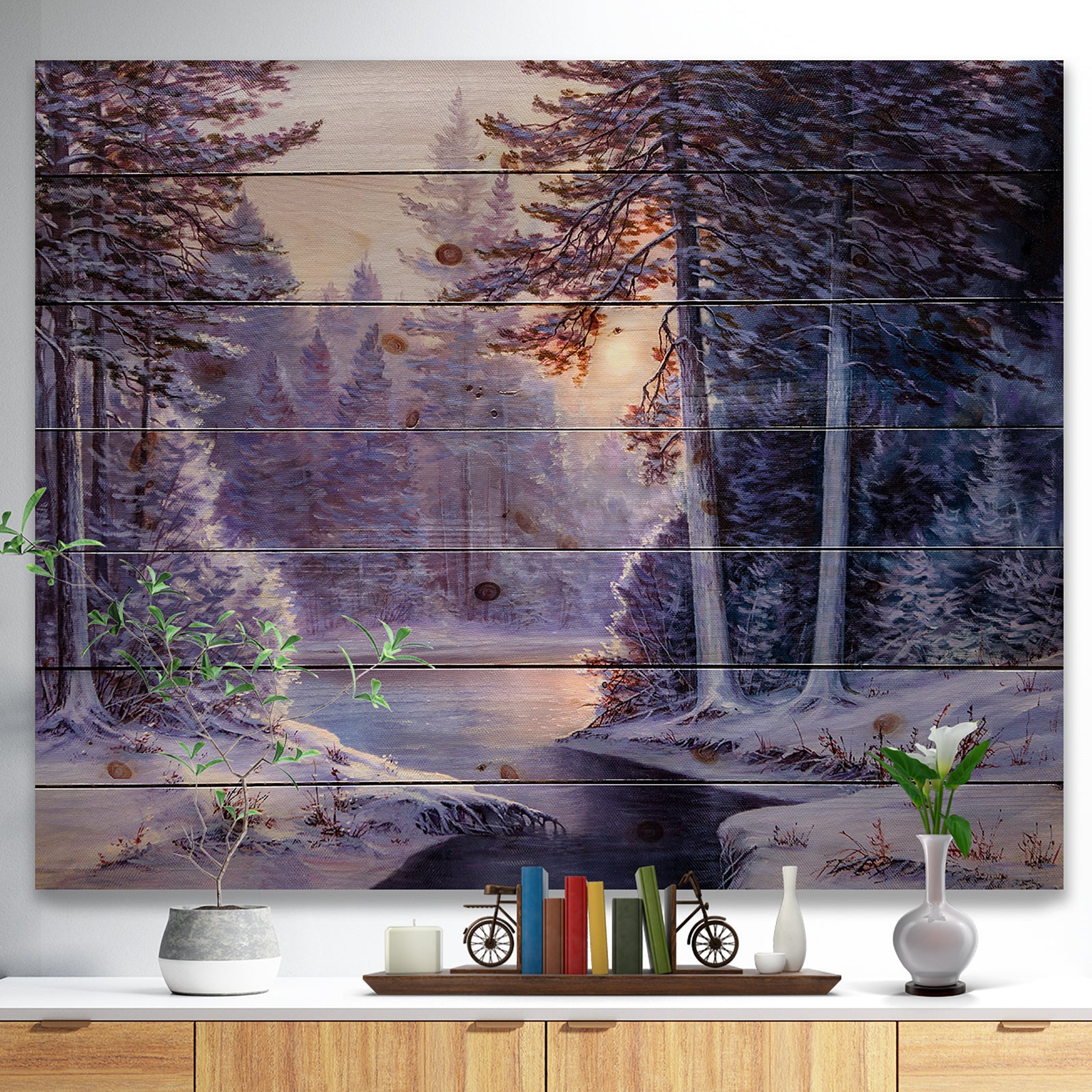 Winter Forest with the River in Frosty Day - Landscapes Painting Print on Natural Pine Wood