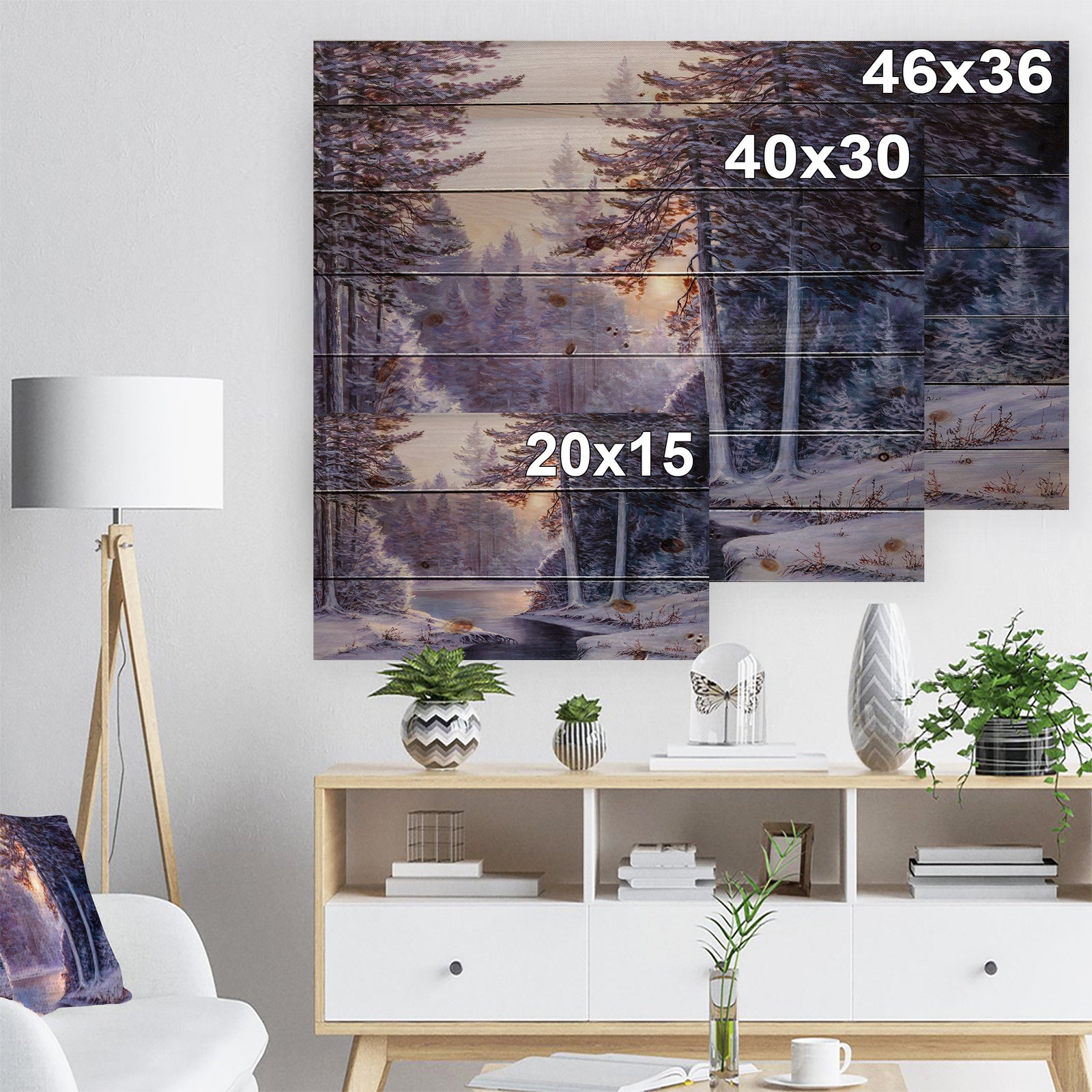 Winter Forest with the River in Frosty Day - Landscapes Painting Print on Natural Pine Wood
