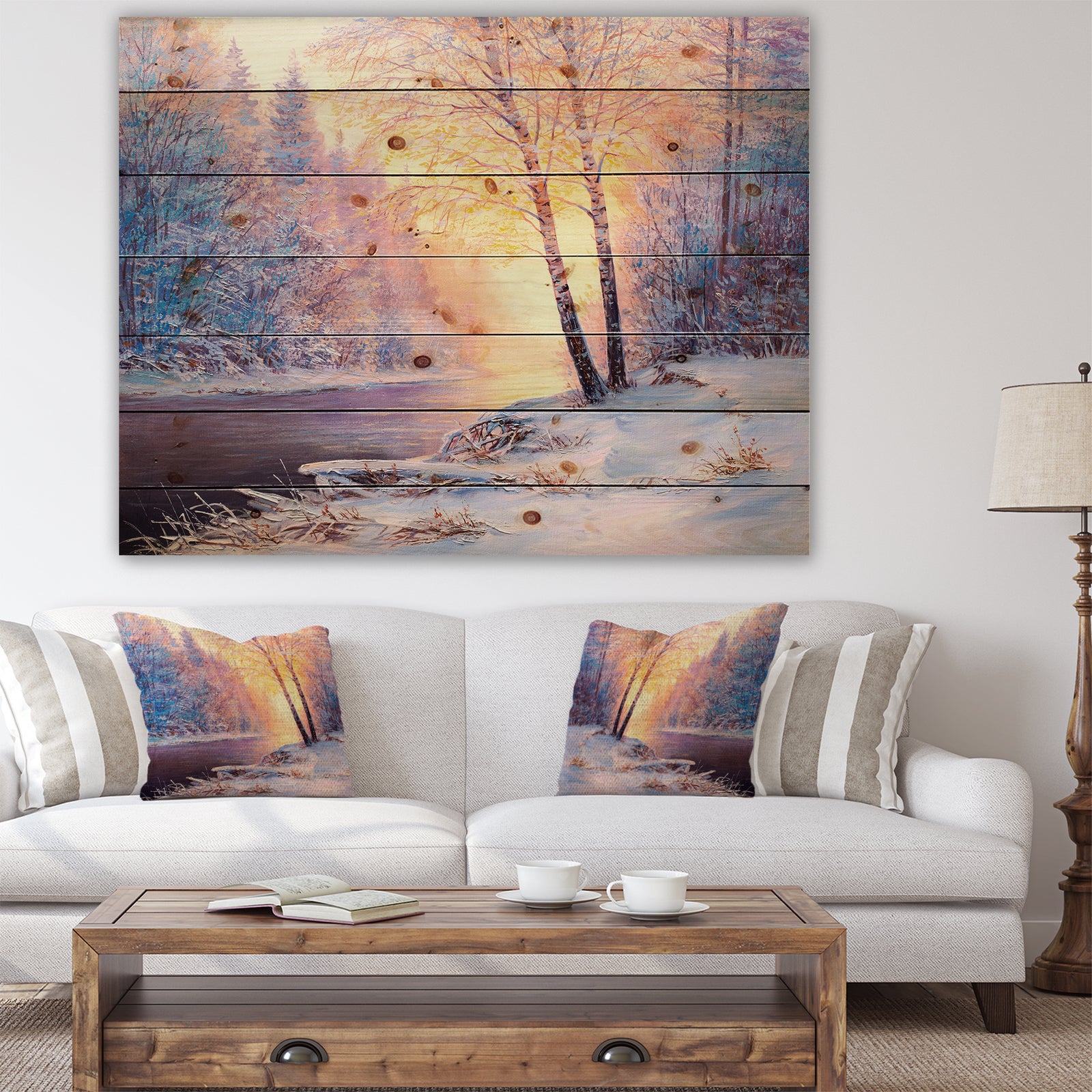 Winter Landscape with a River - Landscapes Painting Print on Natural Pine Wood