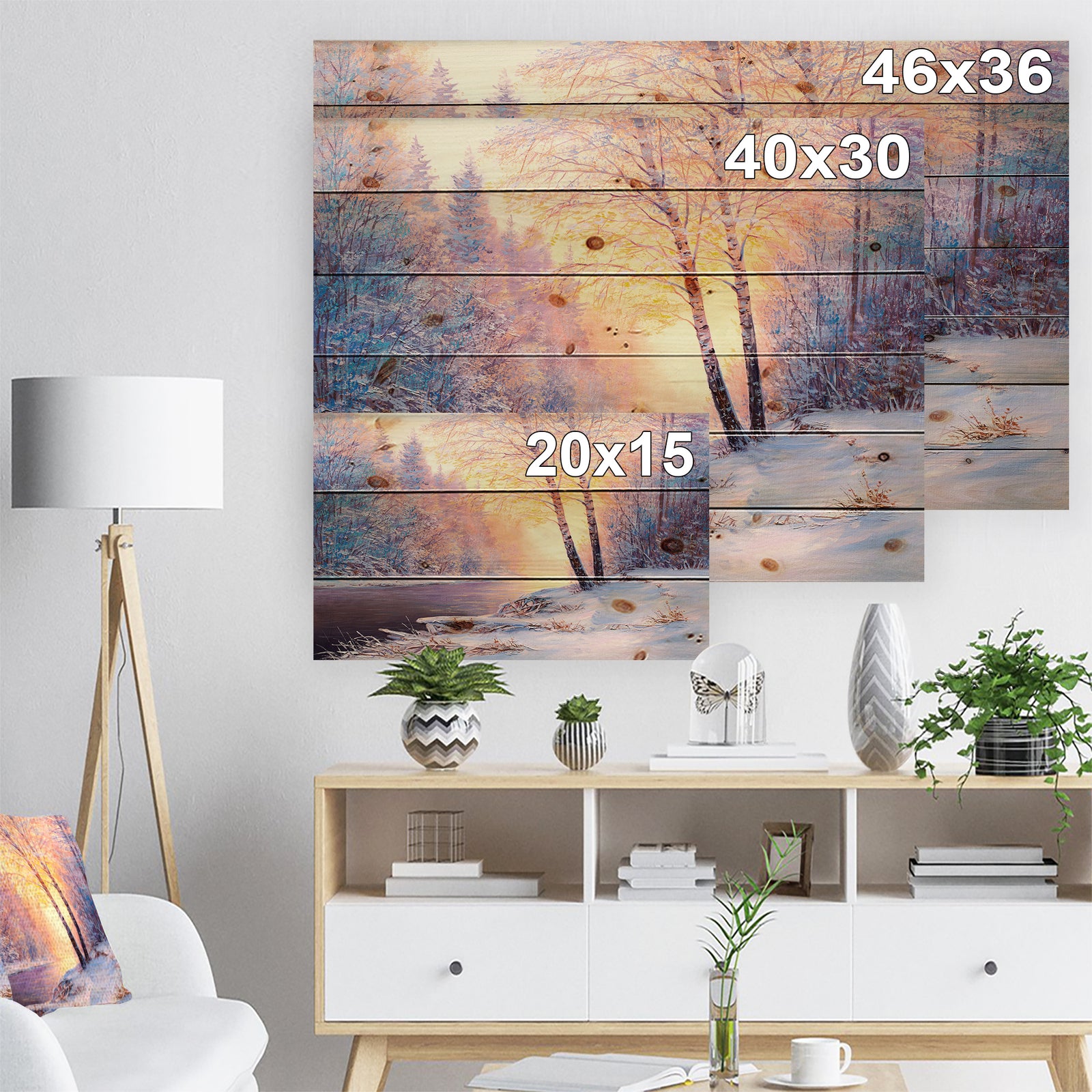 Winter Landscape with a River - Landscapes Painting Print on Natural Pine Wood