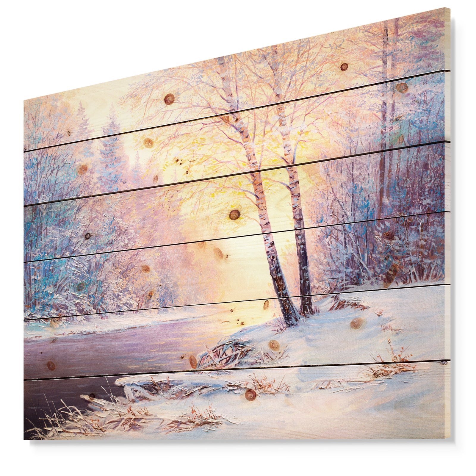 Winter Landscape with a River - Landscapes Painting Print on Natural Pine Wood