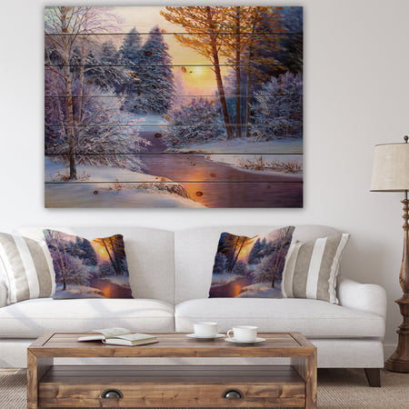 Winter Forest in River - Landscapes Painting Print on Natural Pine Wood