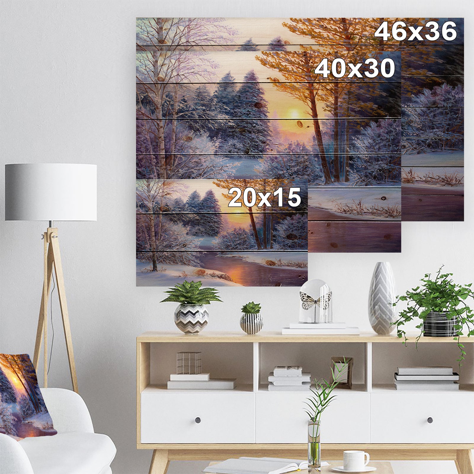 Winter Forest in River - Landscapes Painting Print on Natural Pine Wood