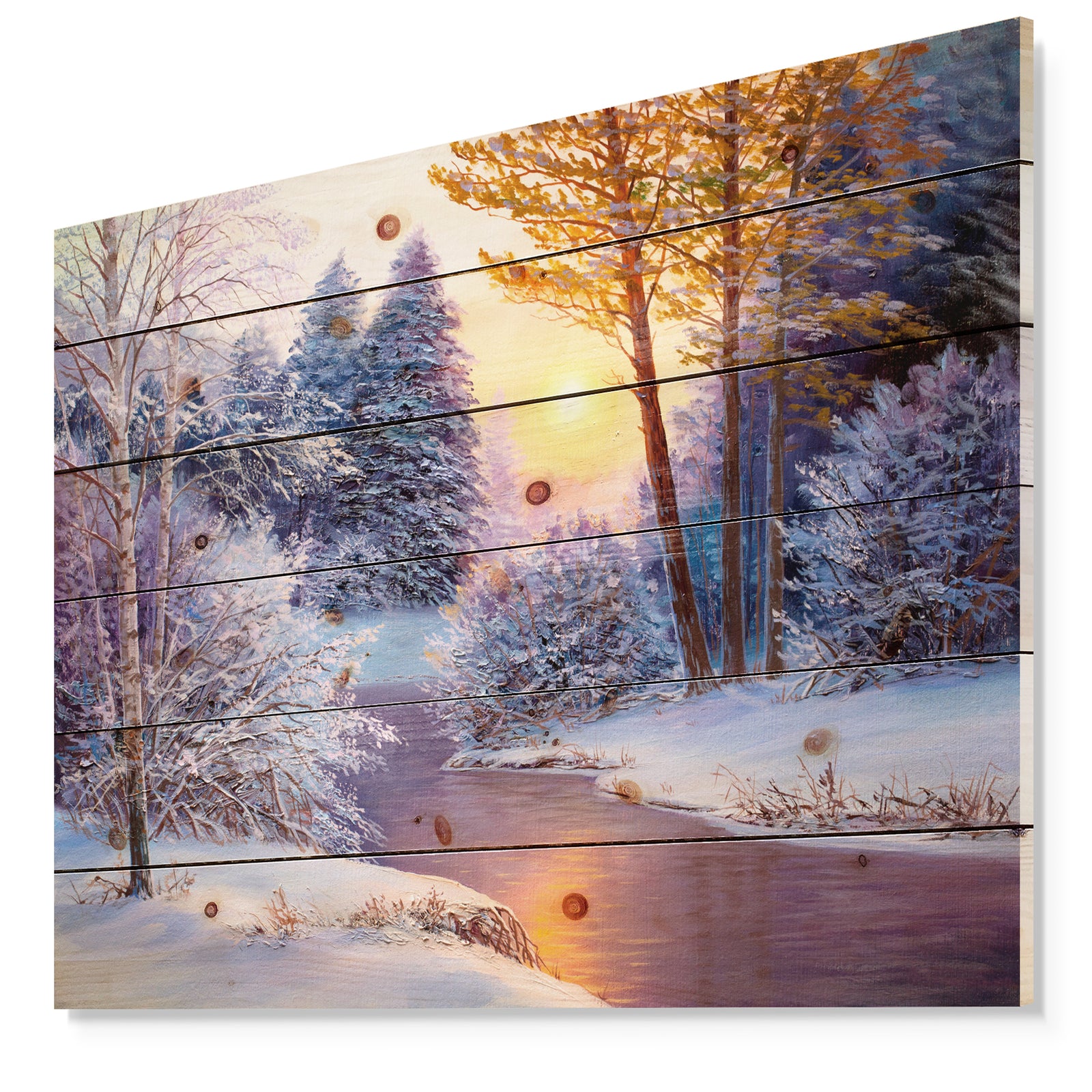 Winter Forest in River - Landscapes Painting Print on Natural Pine Wood