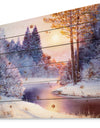 Christmas forest with river - Landscapes Painting Print on Natural Pine Wood