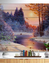 Christmas forest with river - Landscapes Painting Print on Natural Pine Wood