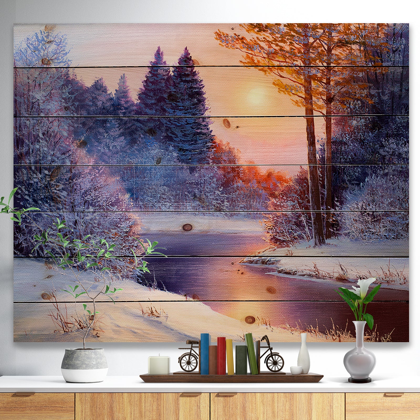 Christmas forest with river - Landscapes Painting Print on Natural Pine Wood