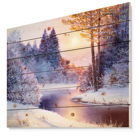 Christmas forest with river - Landscapes Painting Print on Natural Pine Wood