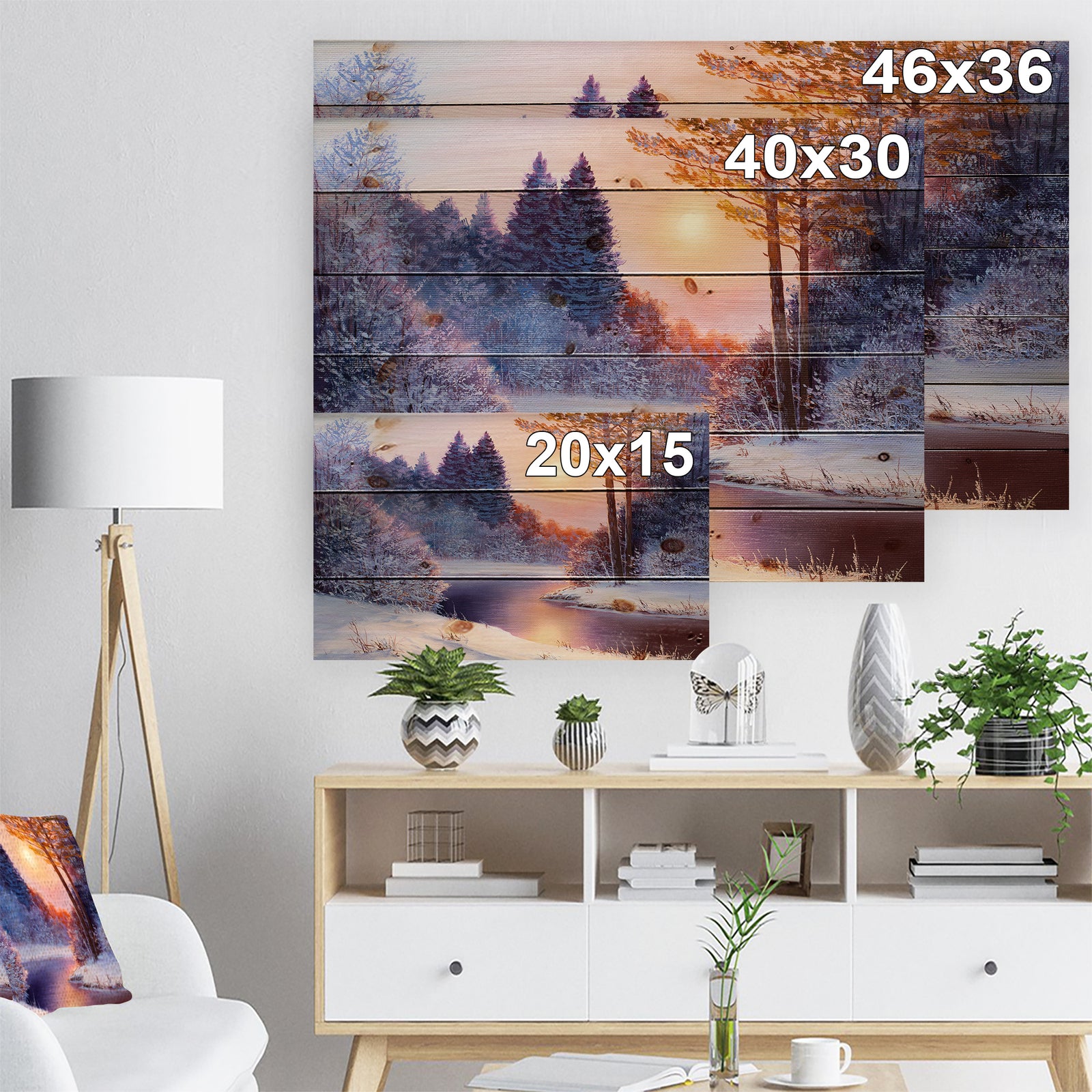 Christmas forest with river - Landscapes Painting Print on Natural Pine Wood