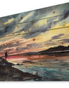 Fishing Man over Sunset Sky - Landscapes Painting Print on Natural Pine Wood