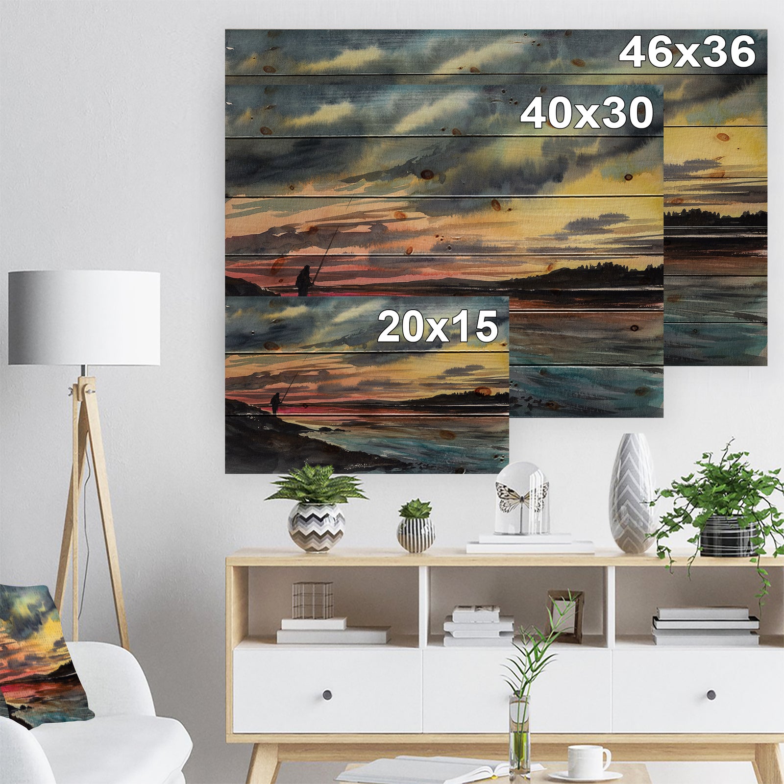 Fishing Man over Sunset Sky - Landscapes Painting Print on Natural Pine Wood
