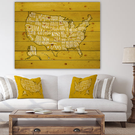 United States Yellow Vintage Map - Maps Painting Print on Natural Pine Wood