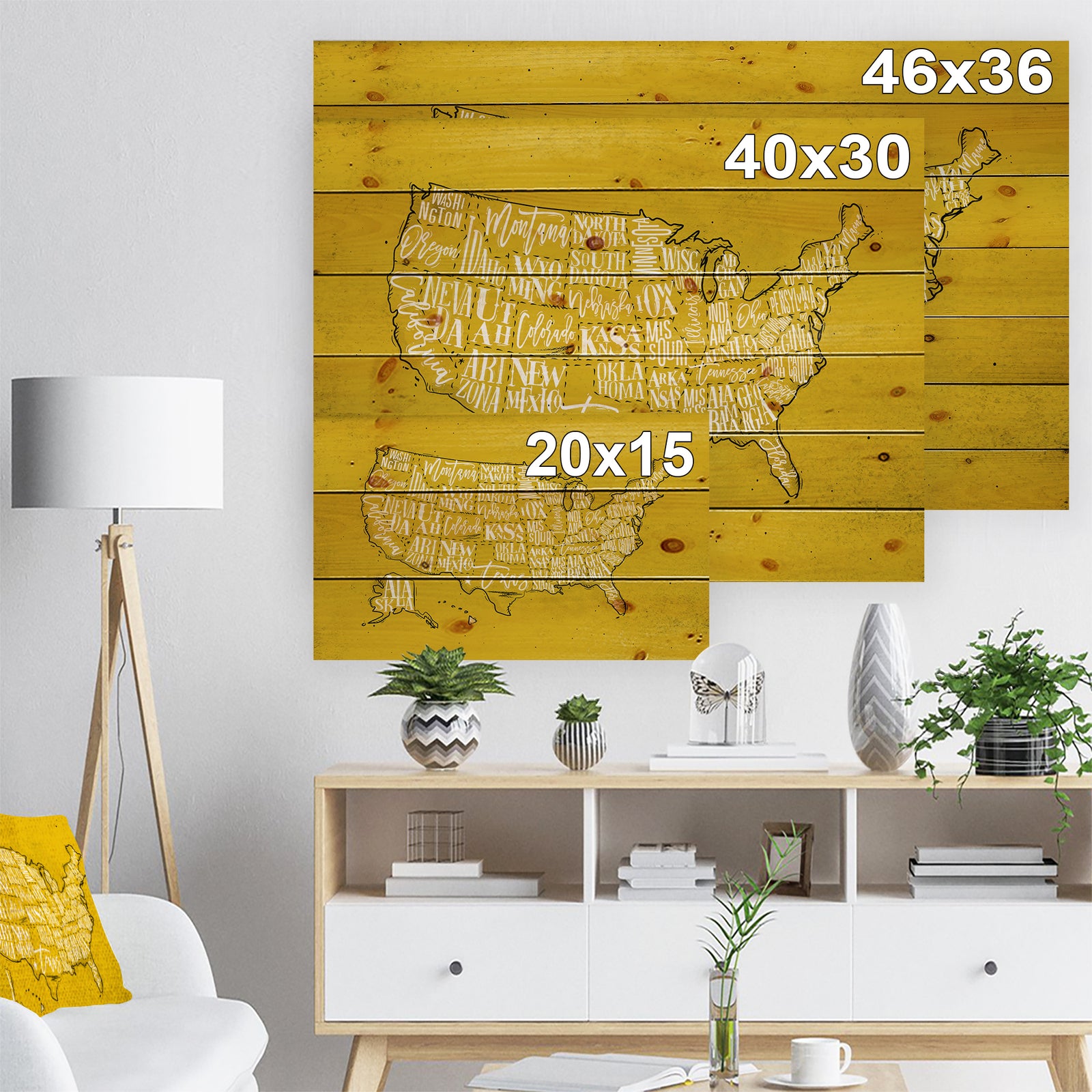 United States Yellow Vintage Map - Maps Painting Print on Natural Pine Wood