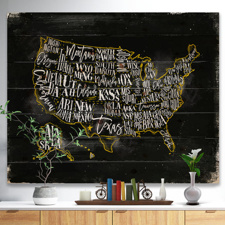 United States Chalk Yellow Vintage Map - Maps Painting Print on Natural Pine Wood