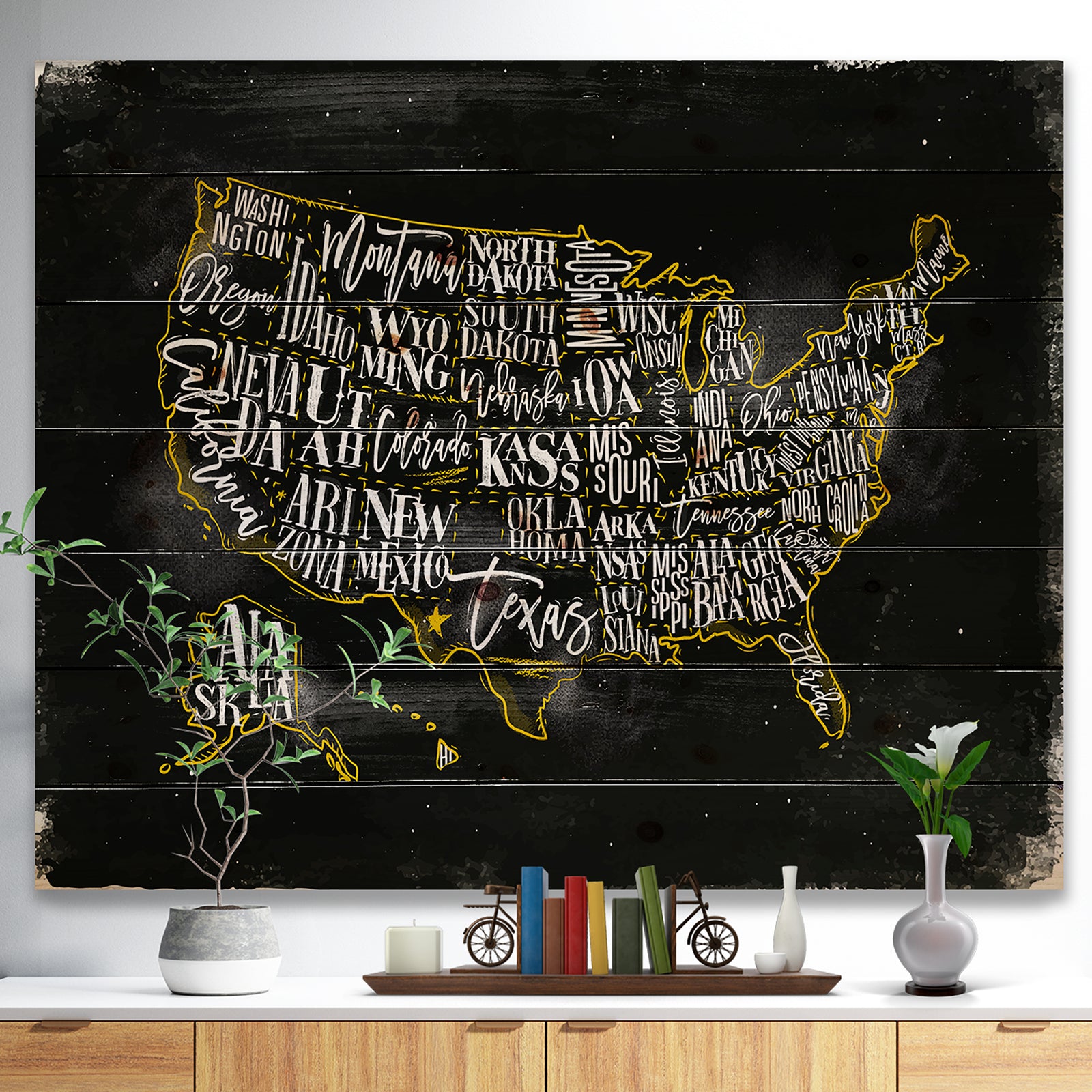 United States Chalk Yellow Vintage Map - Maps Painting Print on Natural Pine Wood