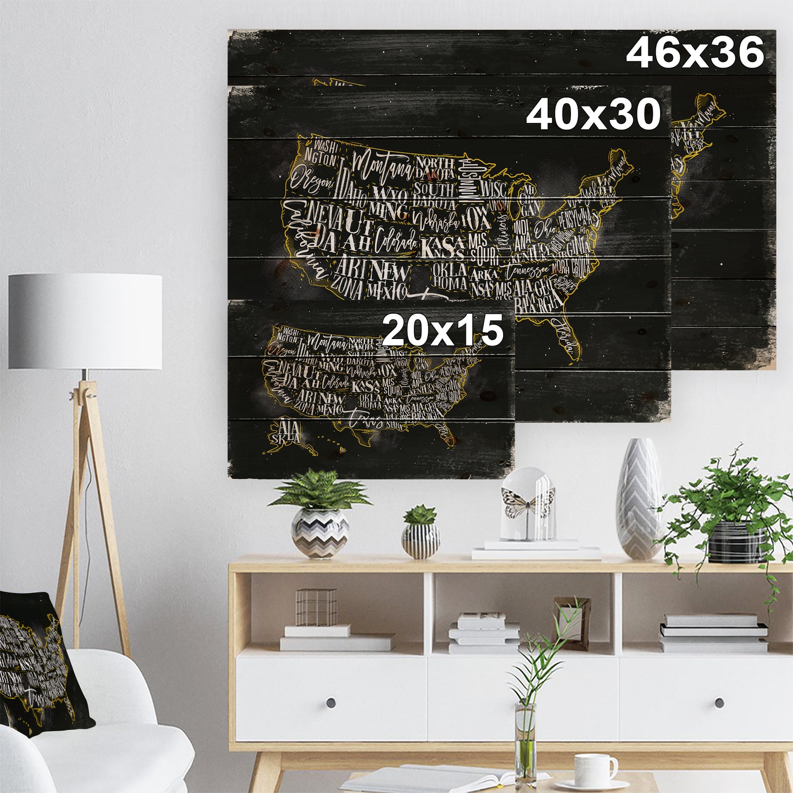 United States Chalk Yellow Vintage Map - Maps Painting Print on Natural Pine Wood