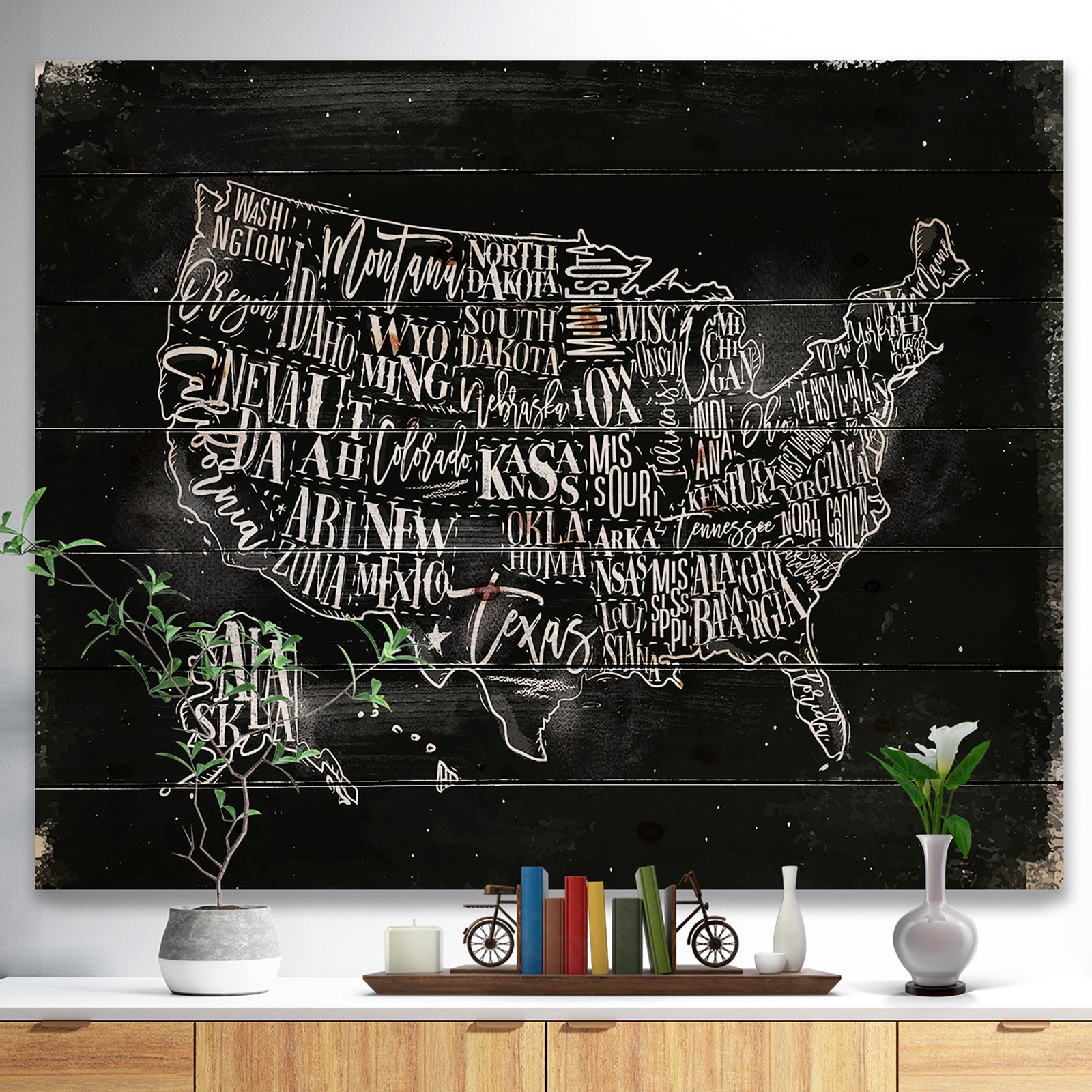 United States Chalk Vintage Map - Maps Painting Print on Natural Pine Wood