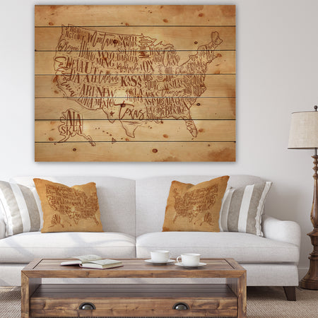Vintage United States Chalk Yellow Map - Maps Painting Print on Natural Pine Wood