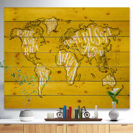 Vintage Yellow Worldmap - Maps Painting Print on Natural Pine Wood