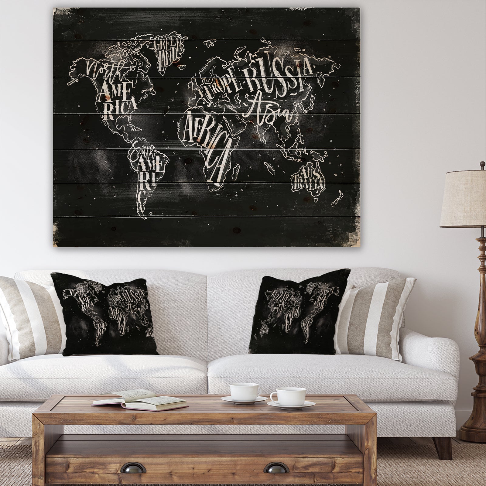 Vintage Chalk Worldmap - Maps Painting Print on Natural Pine Wood