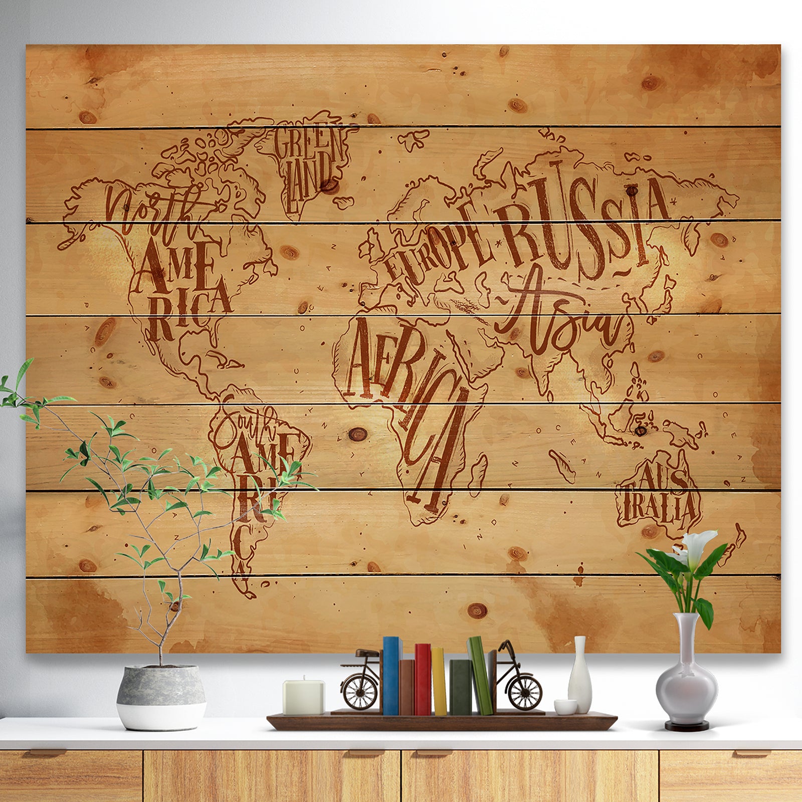 Vintage Worldmap in Chalk Background - Maps Painting Print on Natural Pine Wood