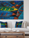 Colorful Boats and Jetty - Nautical Painting Print on Natural Pine Wood