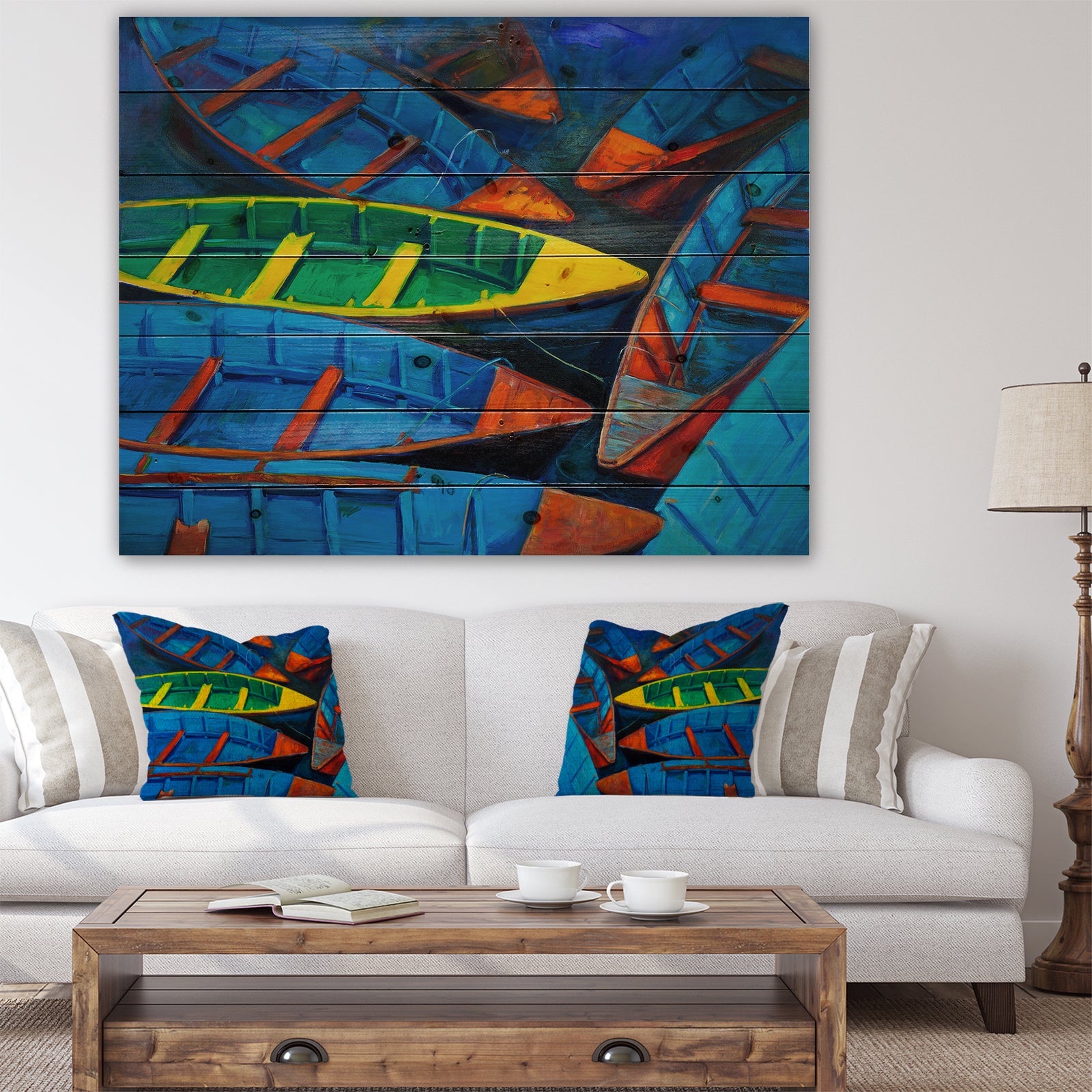 Colorful Boats and Jetty - Nautical Painting Print on Natural Pine Wood