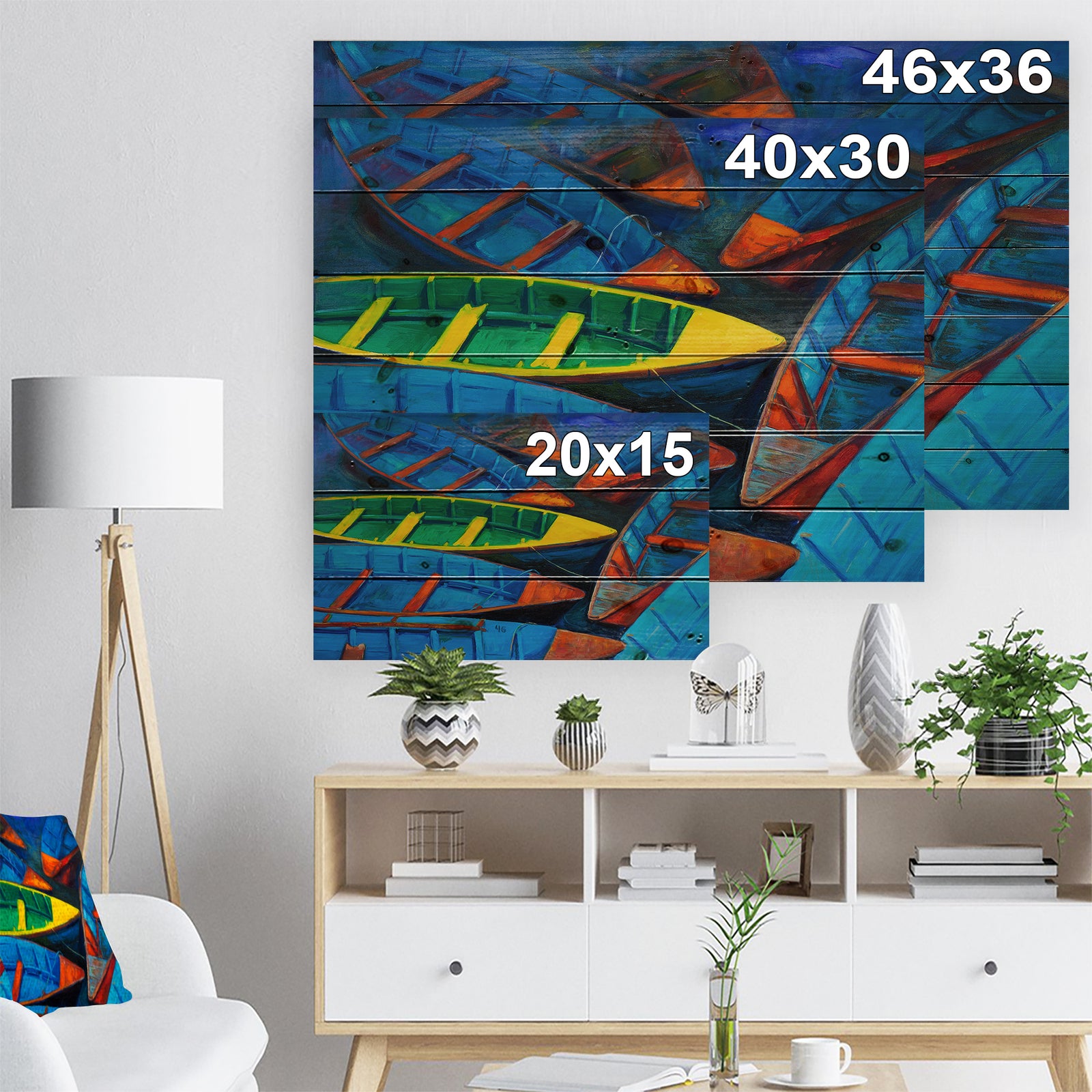 Colorful Boats and Jetty - Nautical Painting Print on Natural Pine Wood
