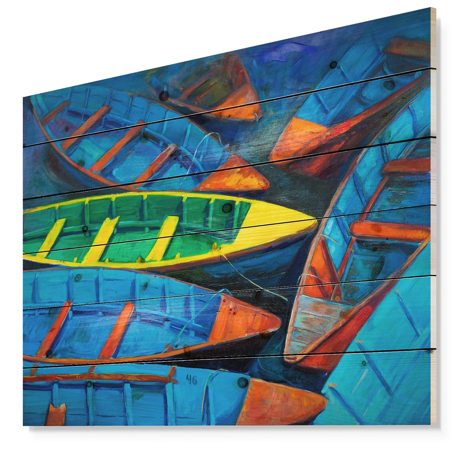 Colorful Boats and Jetty - Nautical Painting Print on Natural Pine Wood