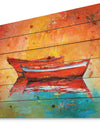 Red Boats over Golden Sunset - Nautical Painting Print on Natural Pine Wood