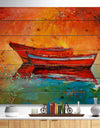 Red Boats over Golden Sunset - Nautical Painting Print on Natural Pine Wood