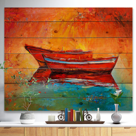 Red Boats over Golden Sunset - Nautical Painting Print on Natural Pine Wood