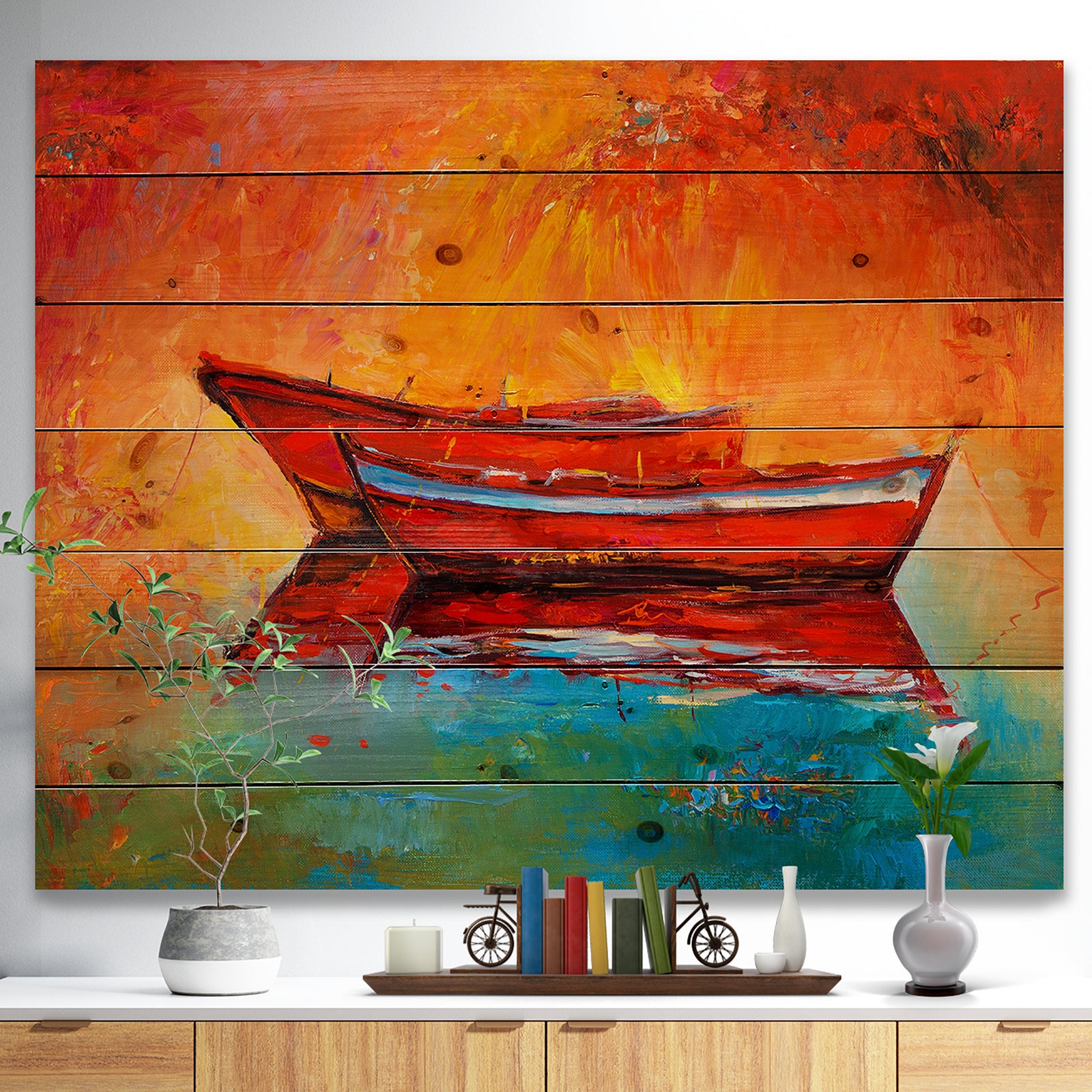 Red Boats over Golden Sunset - Nautical Painting Print on Natural Pine Wood