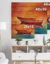 Red Boats over Golden Sunset - Nautical Painting Print on Natural Pine Wood