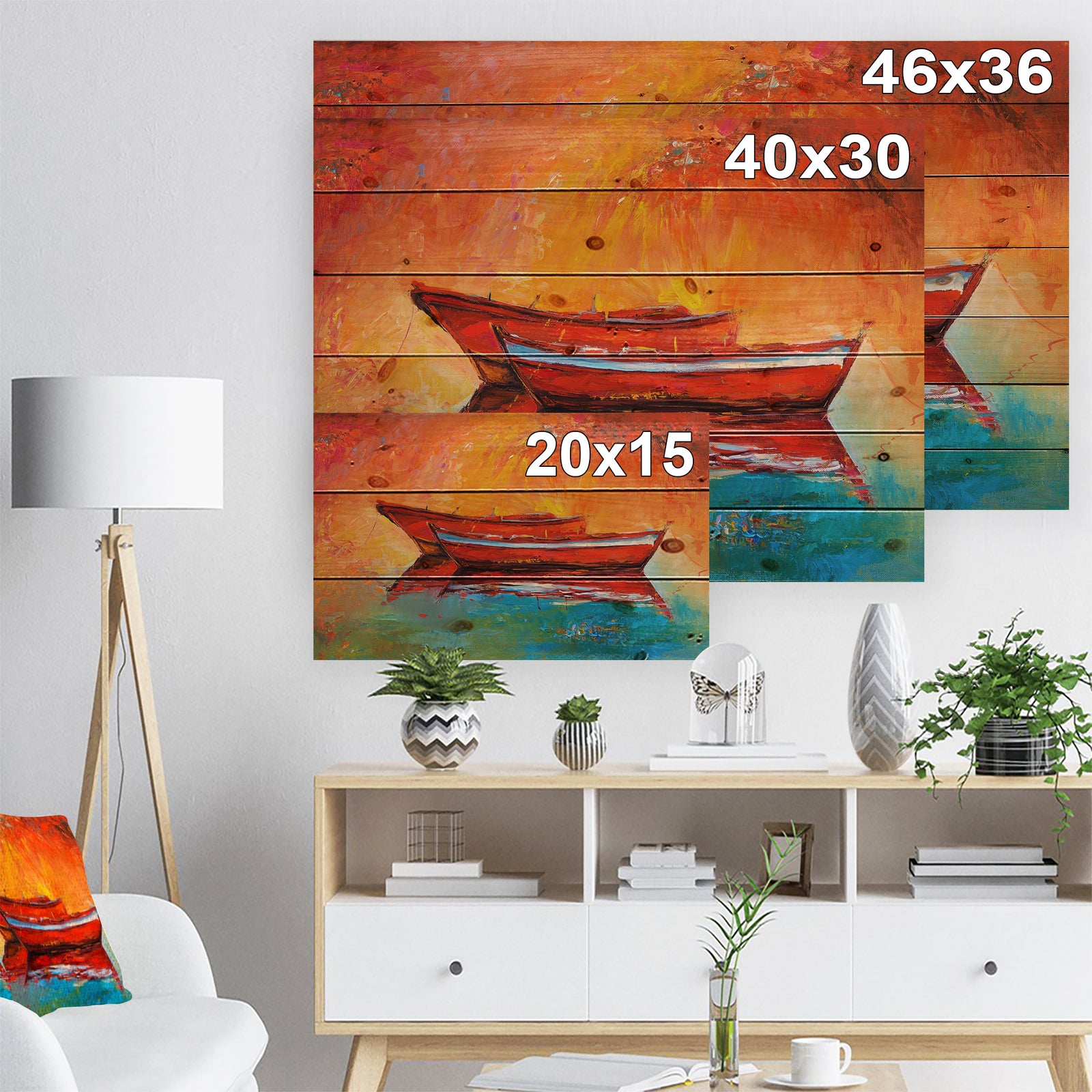 Red Boats over Golden Sunset - Nautical Painting Print on Natural Pine Wood