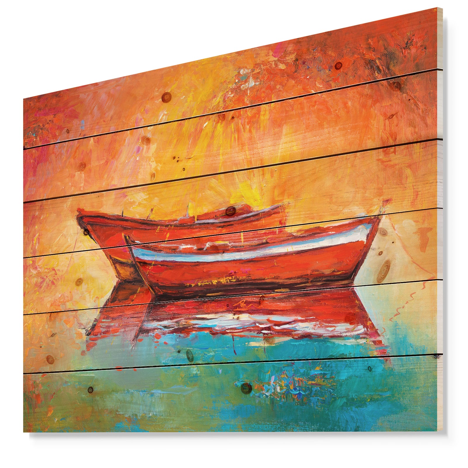 Red Boats over Golden Sunset - Nautical Painting Print on Natural Pine Wood