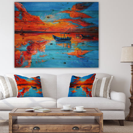 Golden Sunsent and Blue Sky over Sail Boats - Nautical Painting Print on Natural Pine Wood