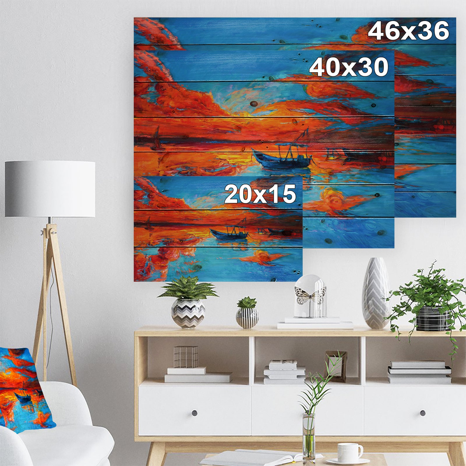 Golden Sunsent and Blue Sky over Sail Boats - Nautical Painting Print on Natural Pine Wood