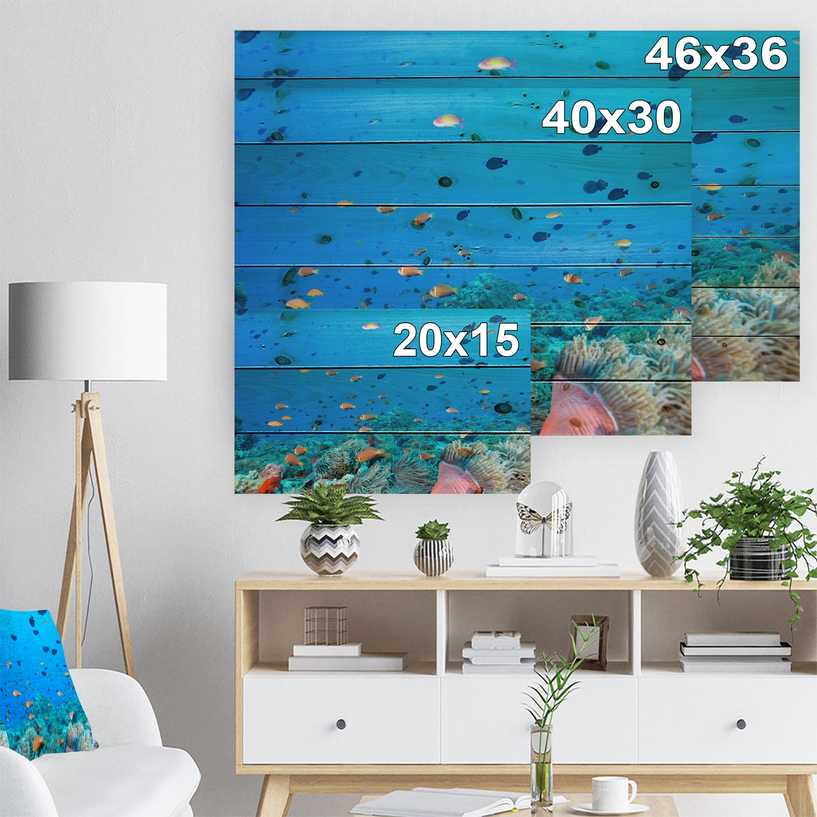 Colony of Maldives anemone fish - Sea & Shore Nautical Print on Natural Pine Wood