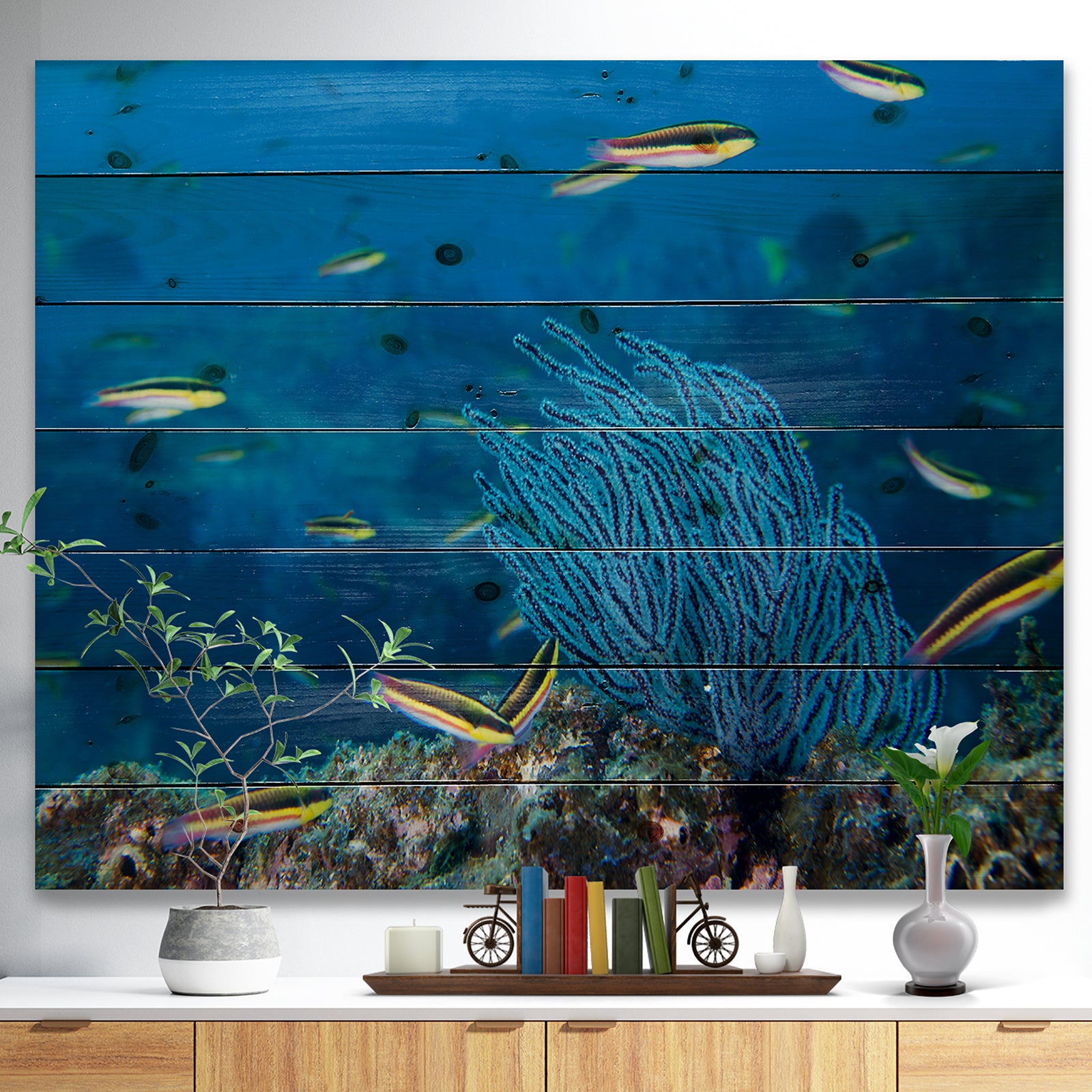 Gorgonia coral on the deep blue ocean - Sea & Shore Nautical Print on Natural Pine Wood