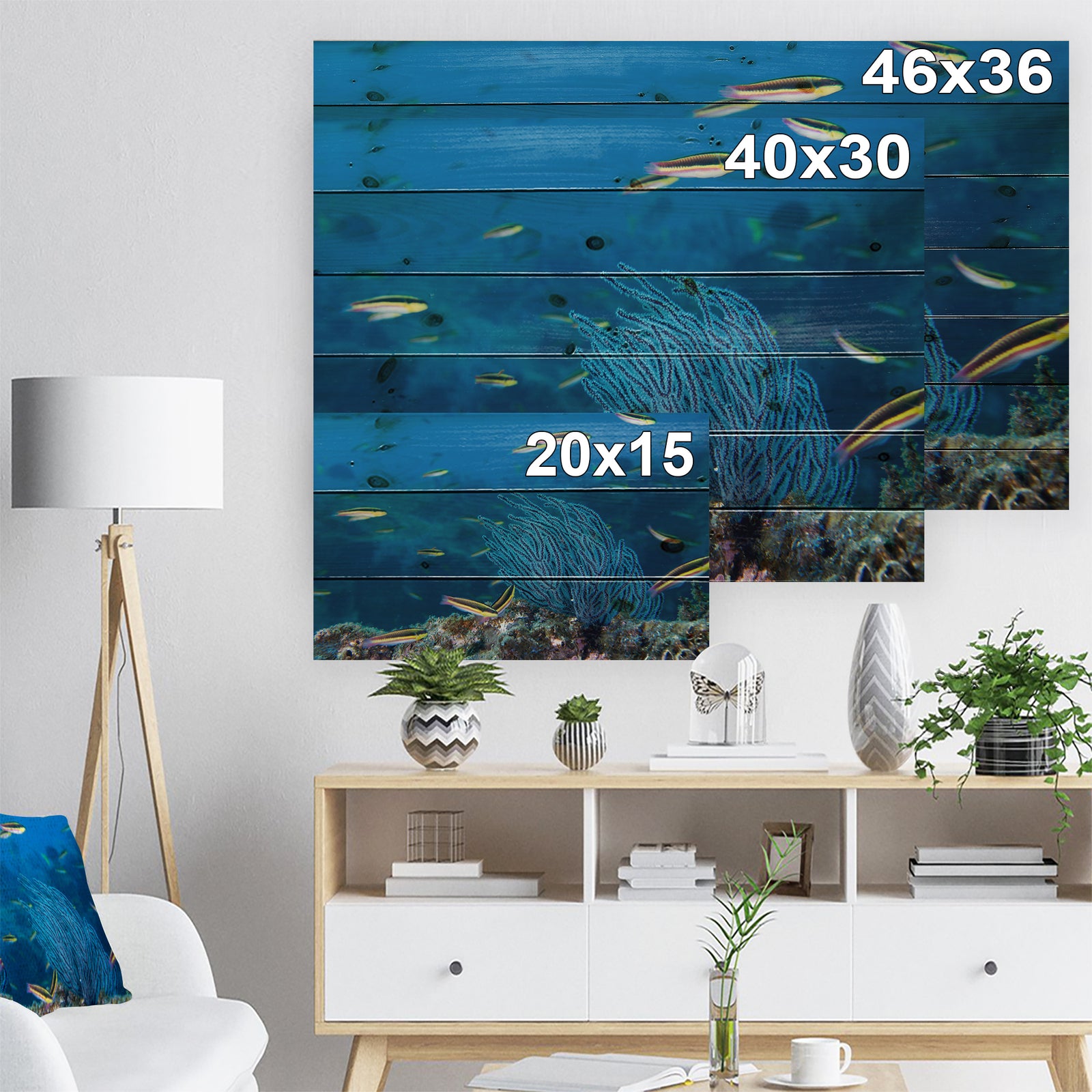 Gorgonia coral on the deep blue ocean - Sea & Shore Nautical Print on Natural Pine Wood